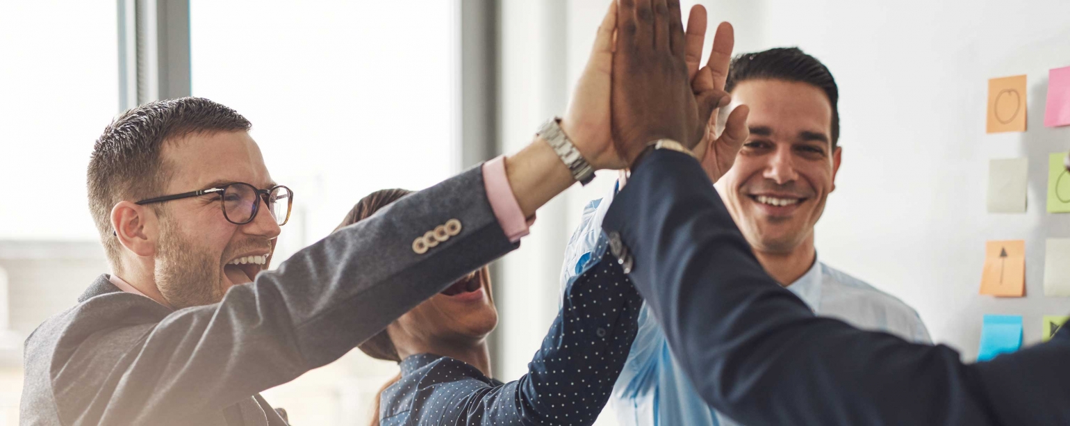 Constructive Conflict Management Workshop Team of professionals giving group high fives