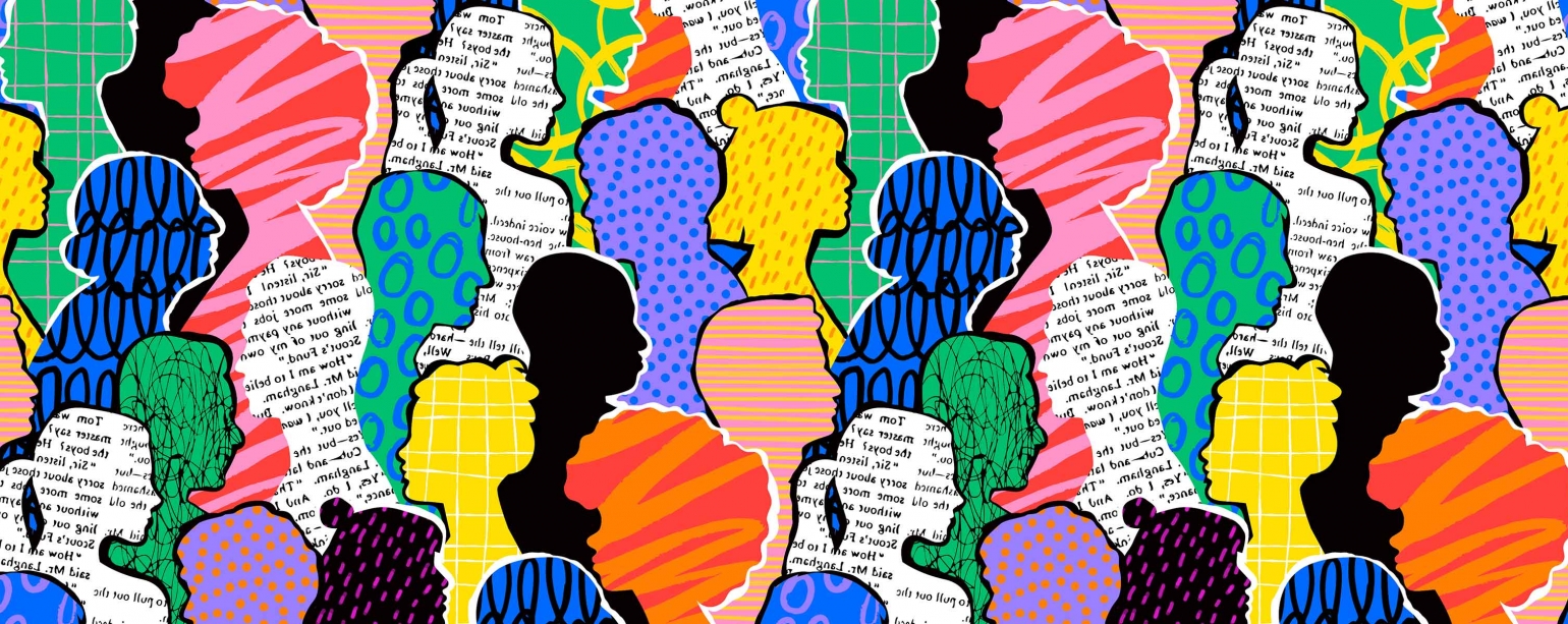 Equity, Diversity, Inclusion, and Belonging Course silhouette profiles of different people cut out and filled with different patterns