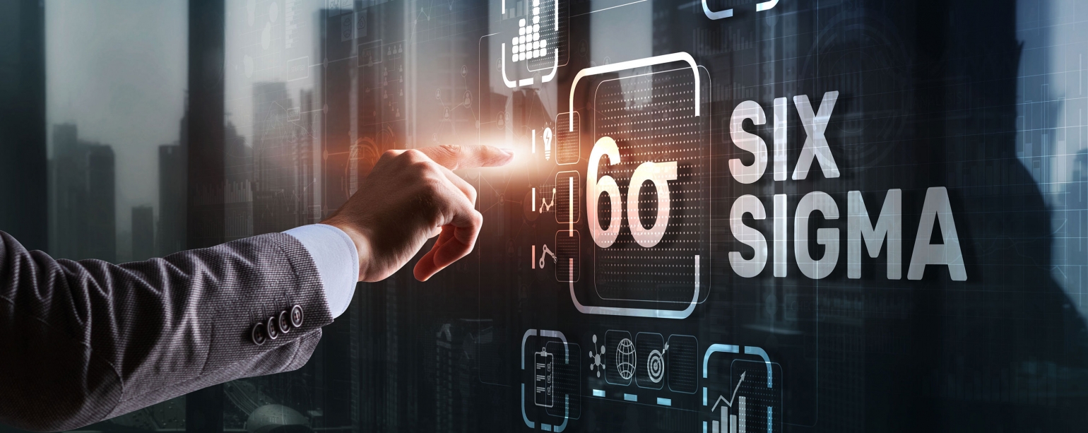 Lean Six Sigma Green Belt a hand with index finger reaching for a digital rendering of the words Lean Six Sigma