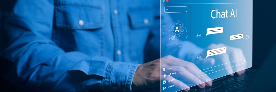 person typing on keyboard with A.I. prompt graphic overlaying on top