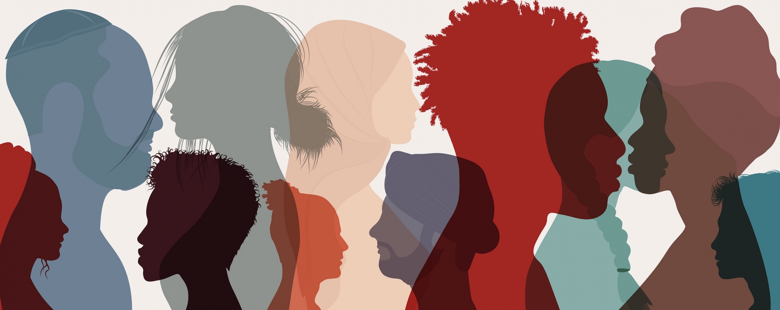 Side profile silhouettes of people of different cultures and ethnicities 