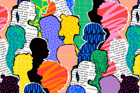 silhouette profiles of different people cut out and filled with different patterns