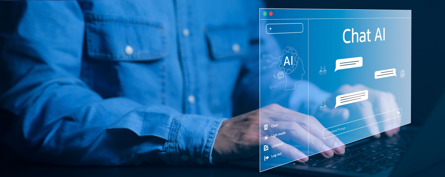 person typing on keyboard with A.I. prompt graphic overlaying on top